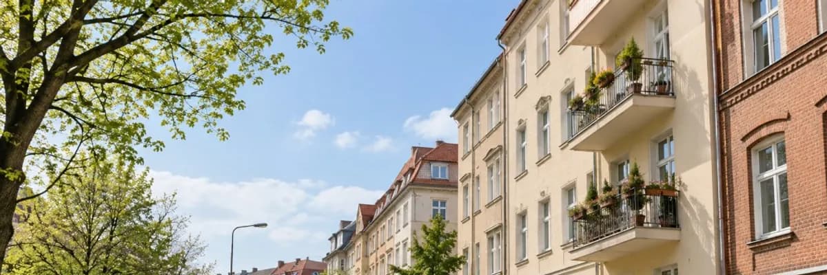 Typowa zabudowa mieszkaniowa w Szczecinie — ulica z kamienicami i zielenią